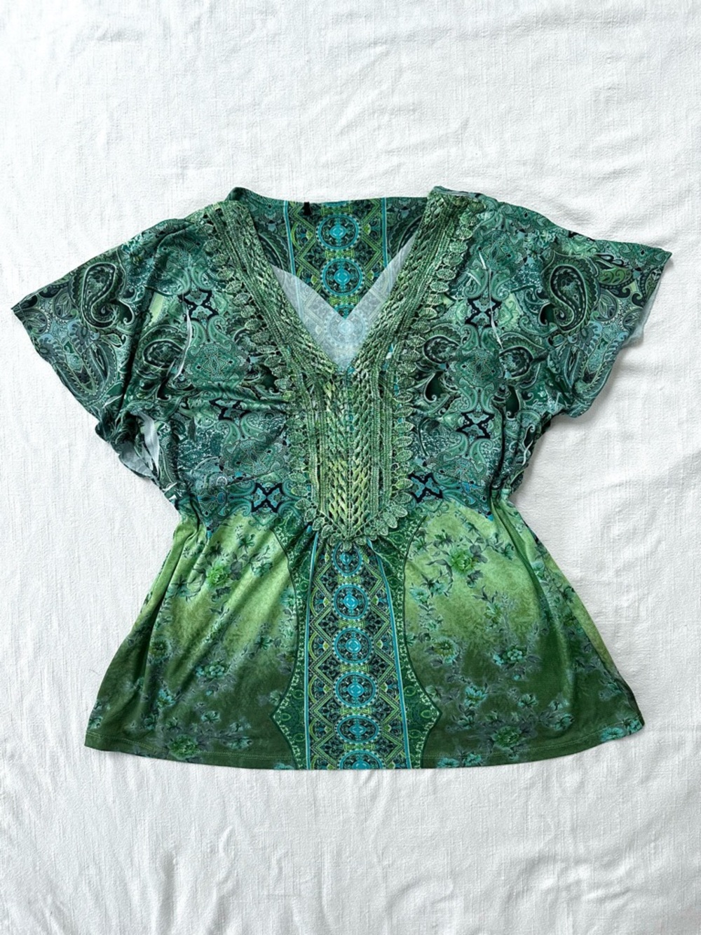 Vintage Green Paisley Boho Blouse Crochet Lace V Neck — Y2K Festival Top M/L